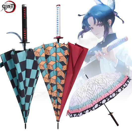 Demon Slayer Katana Umbrella Long UV Block Rain Parasol Kimetsu No Yaiba Tanjirou Japanese Samurai Sword Umbrella Anime Raincoa